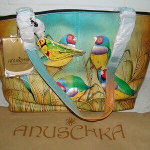 NWT Anuschka Hand Painted Birds Leather Handbag